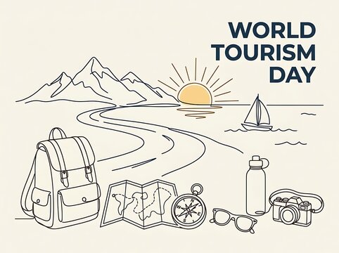 World tourism day concept illustration with travel accessories like backpack, map, compass, camera, sunglasses, and water bottle against a scenic mountain and sea landscape
