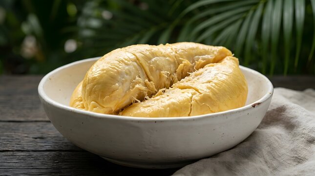 Fresh peeled durian fruit segments served in a white bowl on a rustic wooden table.