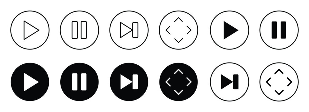 Set of media player control icons including play pause skip and fullscreen buttons in outline and solid styles