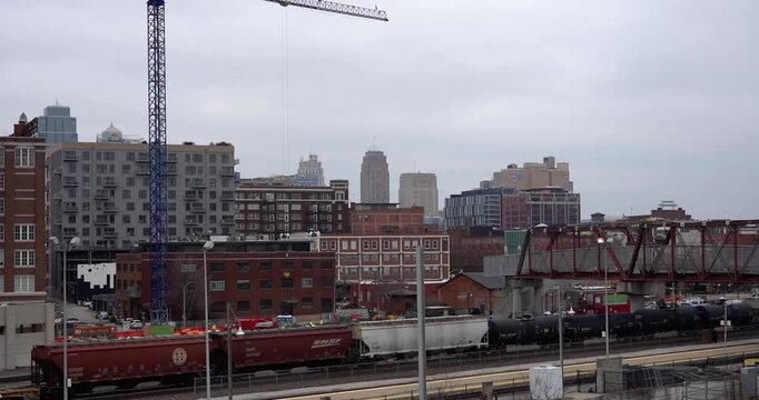 Train passing in front of Kansas City, Missouri skyline