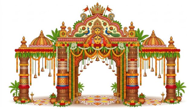 Traditional indian wedding stage decoration with ornate pillars flowers and golden accents isolated on a clean white background