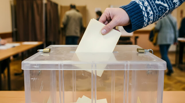 A voter inserts a paper ballot into a secure transparent container during a public democratic election process held at a local polling station where citizens participate to choose political