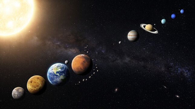 Realistic depiction of our solar system with planets aligned in space and a bright sun