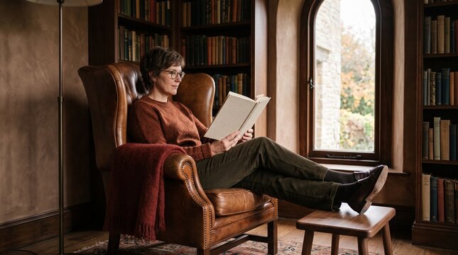 Reader settles into a leather chair by an arched window