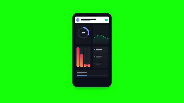 Smartphones displaying data analytics dashboards on green screen