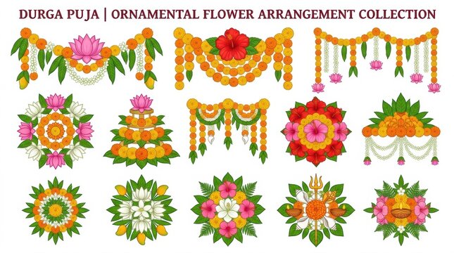 Collection of traditional indian floral decorations and marigold garlands for durga puja festival celebrations and religious house interior ornamentation