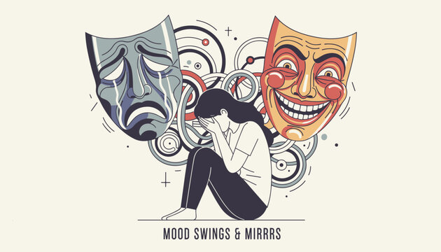 Depressed woman crying on the floor with theatrical tragic and comic masks representing mood swings and bipolar disorder.