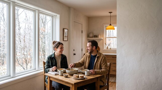 Family shares leftover soup and sandwiches at breakfast