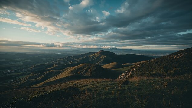 Dramatic sunset over rolling mountain landscape with cloudy sky.