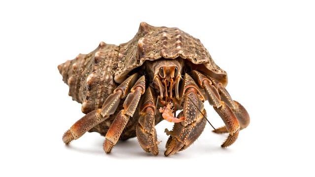 Detailed close-up of a hermit crab with a textured brown spiral shell isolated on a white background