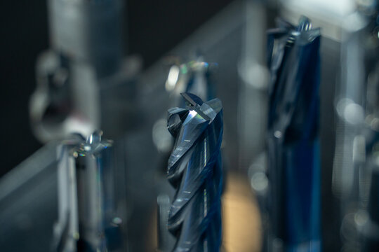 Close-up view of industrial solid carbide cutting tools for machining