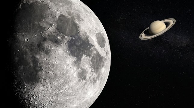 Detailed view of the moon and saturn with visible rings against a black space background