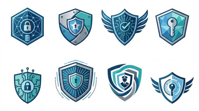 A collection of eight digital security shield icons featuring various cyber protection symbols and abstract technology patterns for websites