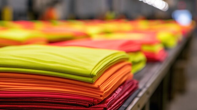 Stack of colorful bright neon protective industrial cleaning microfiber cloths on factory shelf