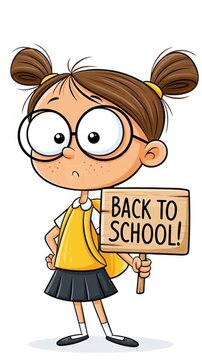 Cute cartoon school girl with a back to school sign on a white background, animation
