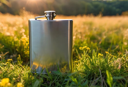 Outdoor adventure and travel concept, stainless steel hip flask in a sunny field with green grass and wildflowers