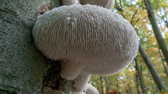Fluffy white lion's mane mushroom hanging from tree branch in natural setting