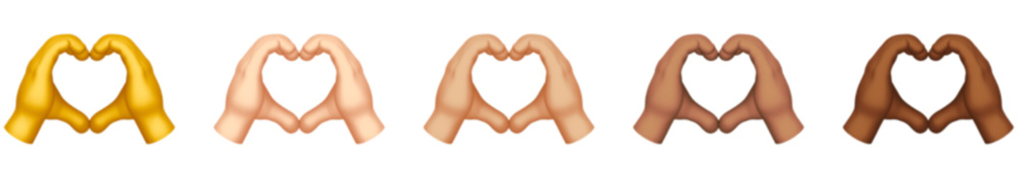 Heart hand gesture emoji set in multiple skin tones with hands forming a love symbol. Diverse expressive icons convey affection, care, and unity. Ideal for messaging, social media, stickers, and digit