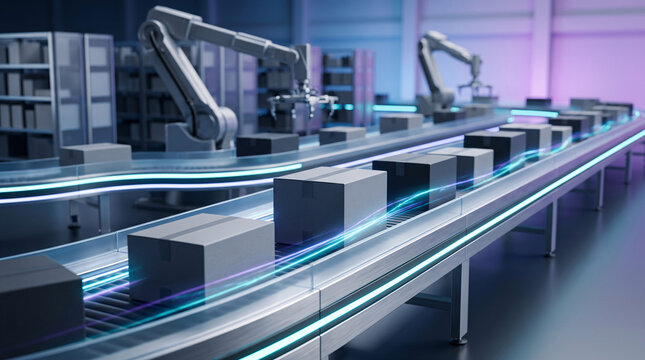 Cha&icirc;ne de production automatis&eacute;e avec robots industriels et convoyeur