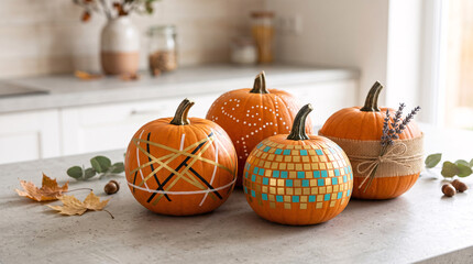 Naklejka premium Citrouilles d'Halloween peintes de motifs géométriques et colorés