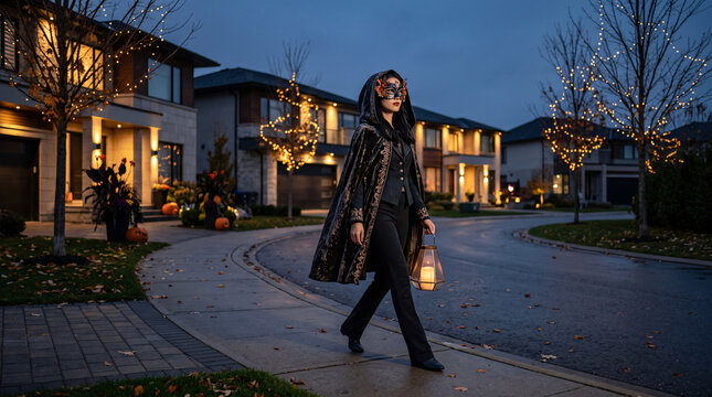 Femme en costume sombre d'Halloween marchant avec une lanterne la nuit
