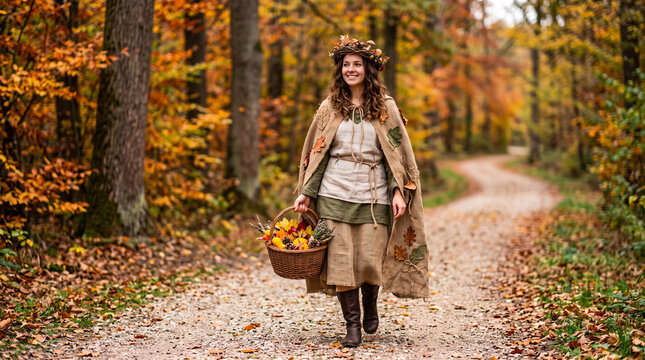 Femme portant un panier de r&eacute;colte sur un sentier forestier en automne