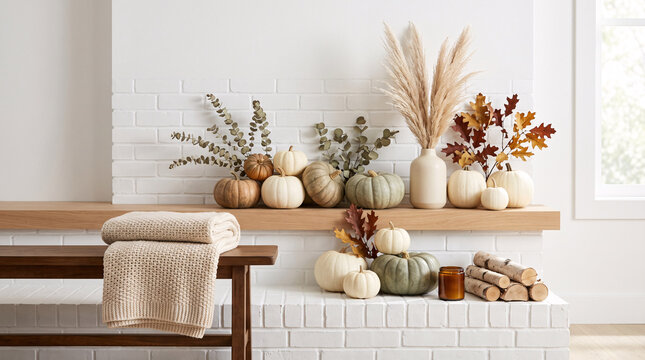 D&eacute;coration int&eacute;rieure d'automne avec citrouilles et feuillages sur une chemin&eacute;e