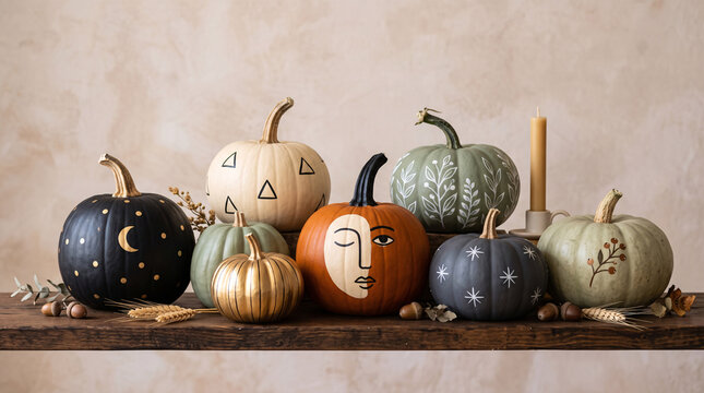 Collection de citrouilles d&eacute;coratives peintes de motifs modernes
