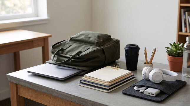 Sac d'&eacute;cole, cahiers, casque et accessoires pr&eacute;par&eacute;s sur un bureau