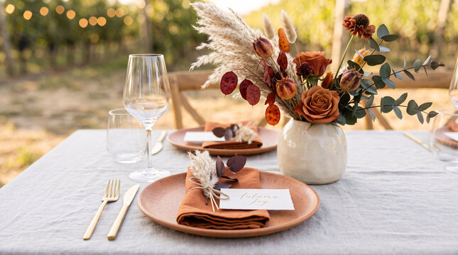 Table &eacute;l&eacute;gante dress&eacute;e pour un repas d'automne avec composition florale