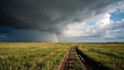Naklejka premium A dirt road winds through a grassy field under a dramatic stormy sky with a rainbow. This image symbolizes hope and new beginnings after adversity.