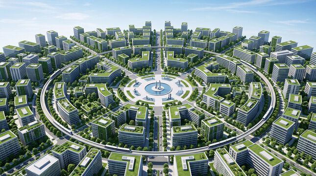 Maquette a&eacute;rienne d'une ville verte circulaire et intelligente