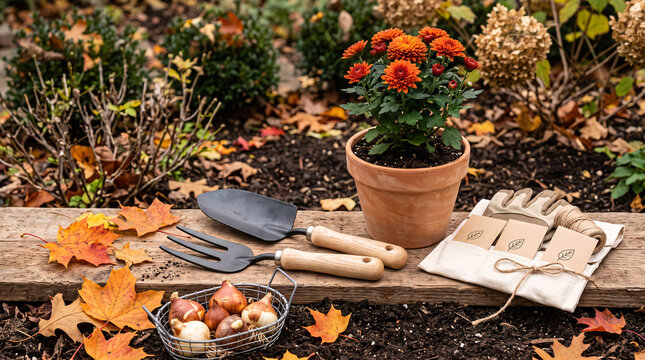 Outils de jardinage, bulbes et plante en pot pr&eacute;par&eacute;s pour les travaux d'automne