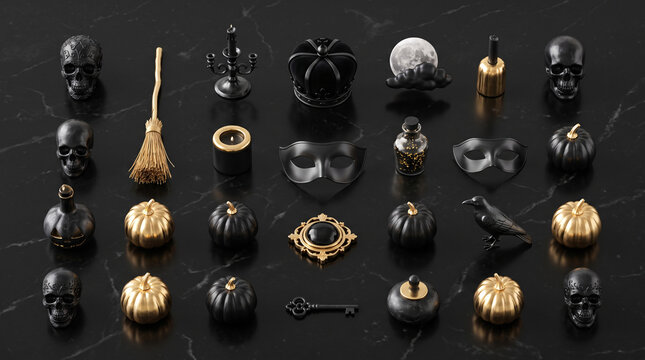 Composition noire et dor&eacute;e d'objets d'Halloween avec cr&acirc;nes et citrouilles