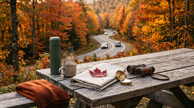Pause automnale sur une aire panoramique avec thermos, jumelles et carnet
