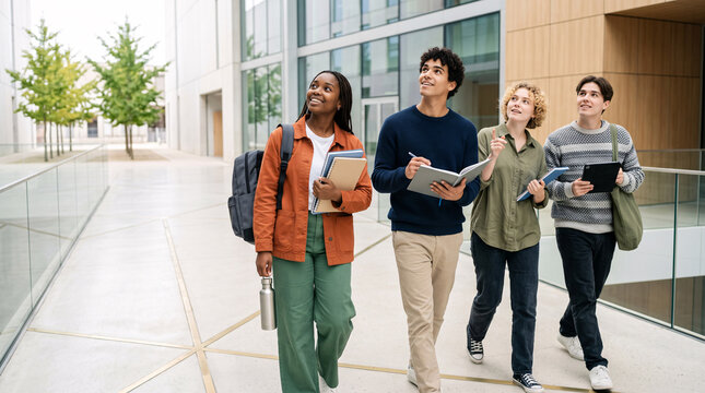 Groupe d&rsquo;&eacute;tudiants d&eacute;couvrant ensemble un campus universitaire moderne