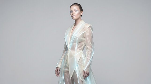 Mannequin portant un tailleur translucide iris&eacute; au design futuriste