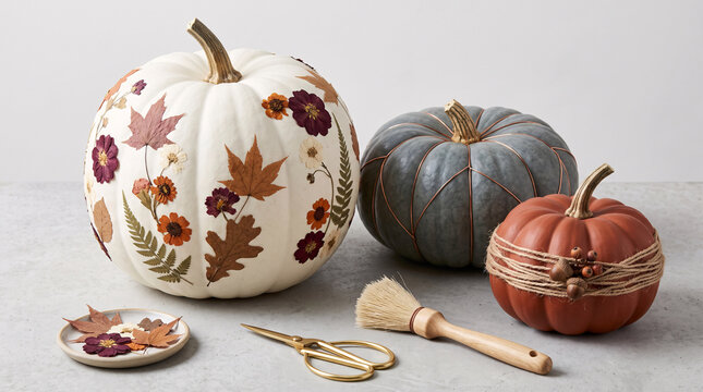 Citrouilles d&eacute;cor&eacute;es de fleurs press&eacute;es, ficelle et motifs artisanaux d&rsquo;automne