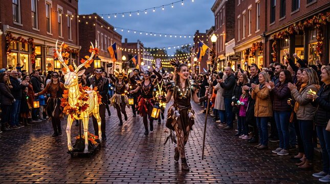 Parade d&rsquo;automne et d&rsquo;Halloween avec cerf lumineux dans une rue anim&eacute;e