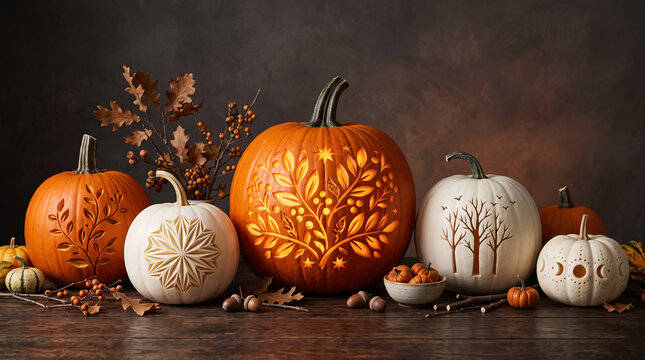 Citrouilles artistiquement sculpt&eacute;es de motifs floraux, &eacute;toiles et arbres