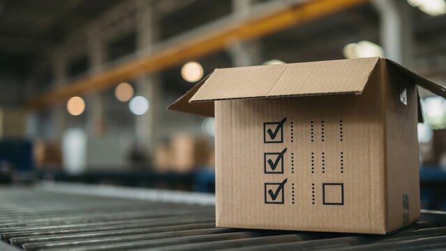 Cardboard box with a checkbox list on a conveyor belt in a warehouse. Represents order fulfillment and supply chain efficiency.