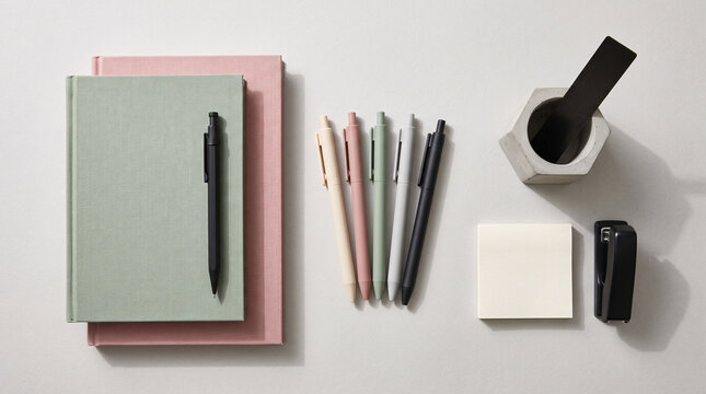 Fournitures de bureau minimalistes avec carnets, stylos et agrafeuse