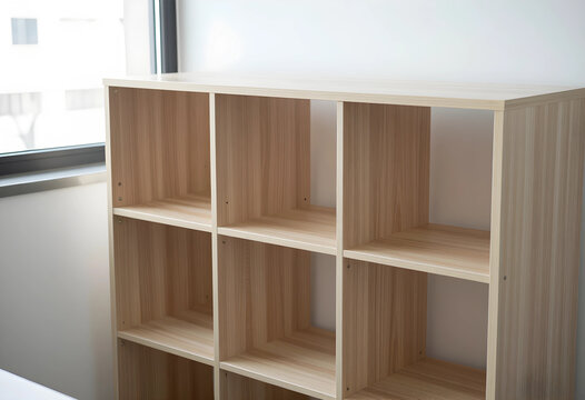 Home organization and storage solutions, empty wooden cube shelf unit in a modern room with natural light