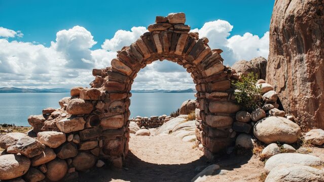 Ancient stone arch framing a view of Lake Titicaca under a bright blue sky. Symbolizing new beginnings and travel opportunities for cultural exploration themes.