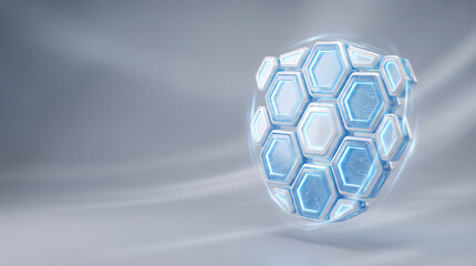 Naklejka premium 3D abstract interlocking hexagonal data shield for digital trust cybersecurity and fintech safety with copy space