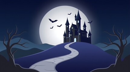 Fototapeta premium A spooky haunted castle silhouette standing on a hill under a large full moon with flying bats at night time