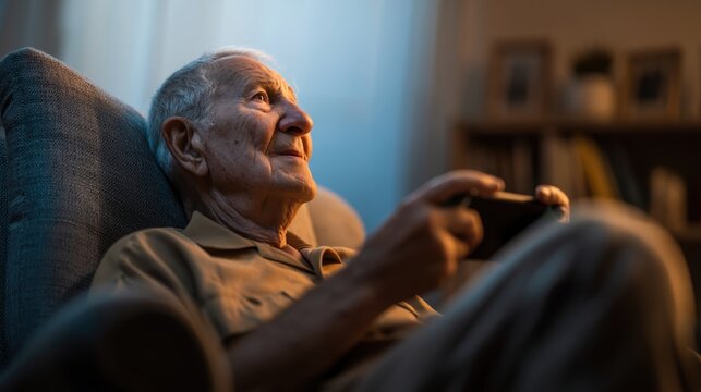 Happy senior man playing video game with controller sitting in cozy living room armchair