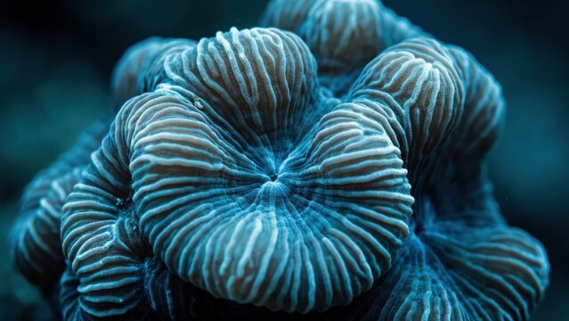 Close-up of vibrant blue coral polyps growing on a tropical reef. This marine life image represents biodiversity and ocean conservation themes.