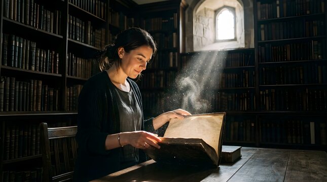 Young woman reading an ancient magical book in a dimly lit library