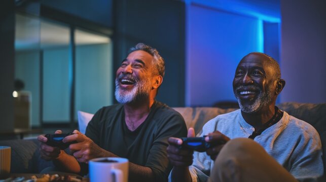 Two middle aged men playing video game together in dark living room with controllers